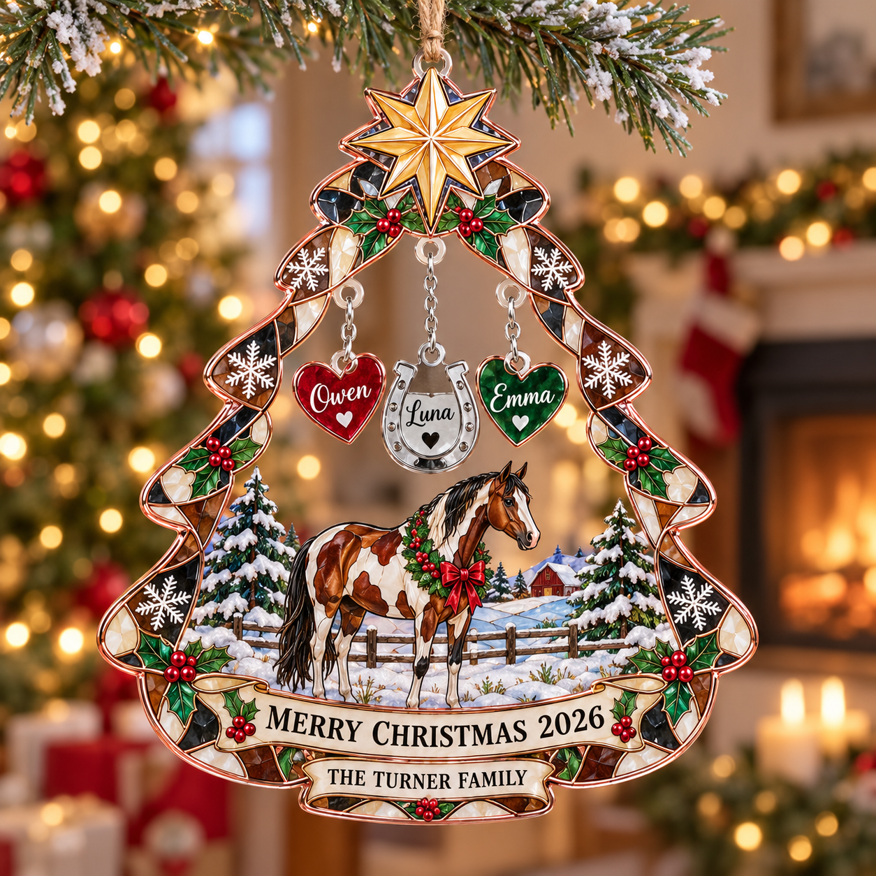 Stained-glass acrylic Christmas ornament with "THE TURNER FAMILY" and personalised name charms