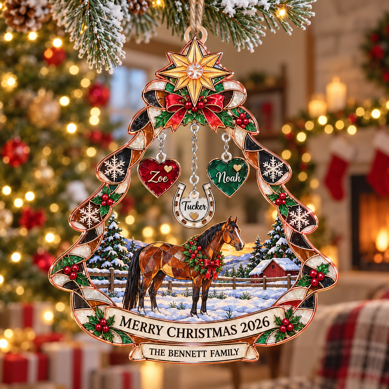 Stained-glass acrylic Christmas ornament with "THE BENNETT FAMILY" and personalised name charms