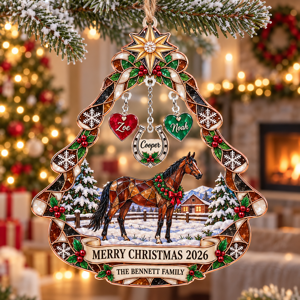 Stained-glass acrylic Christmas ornament with "THE BENNETT FAMILY" and personalised name charms