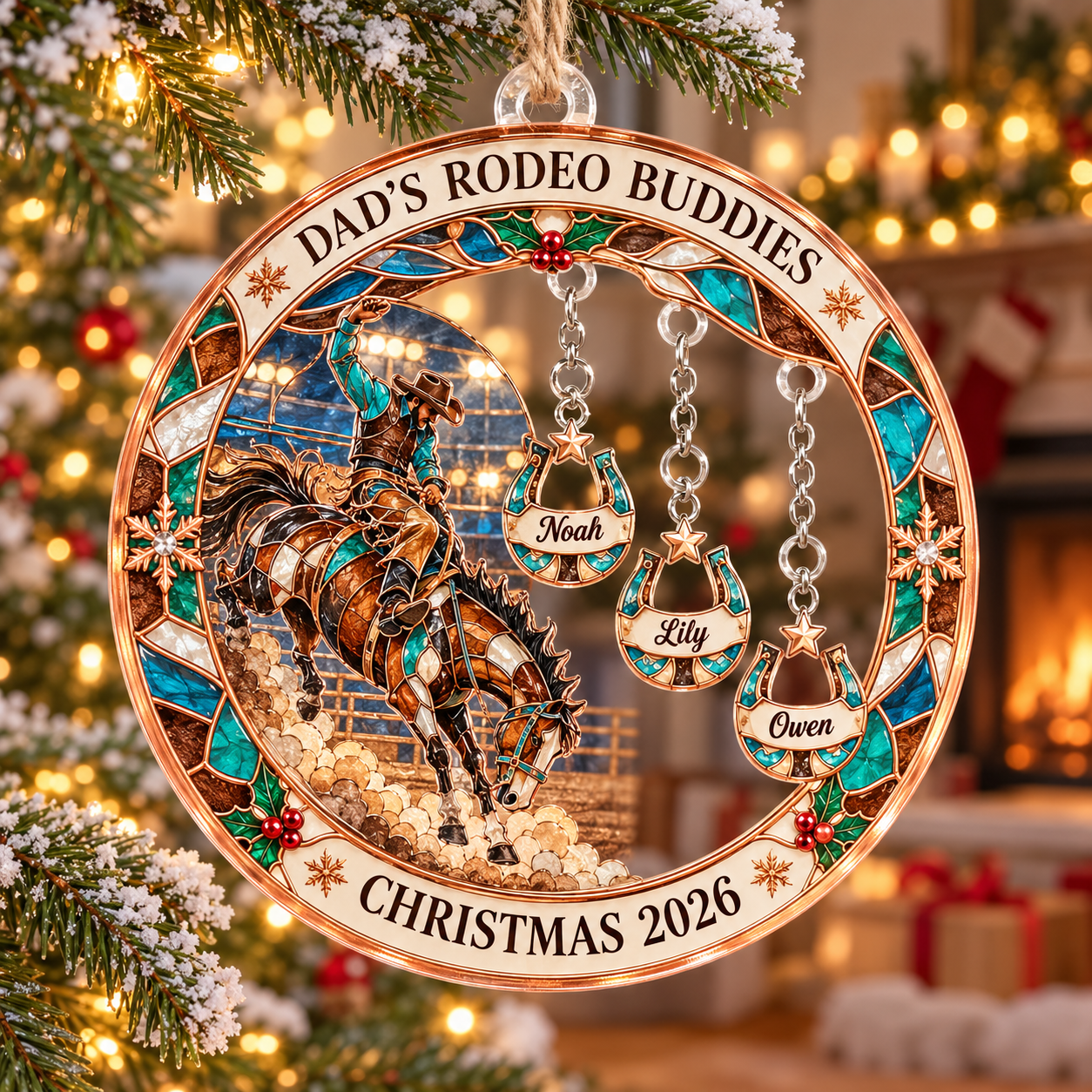 Stained-glass acrylic Christmas ornament with "DAD'S RODEO BUDDIES" and personalised name charms