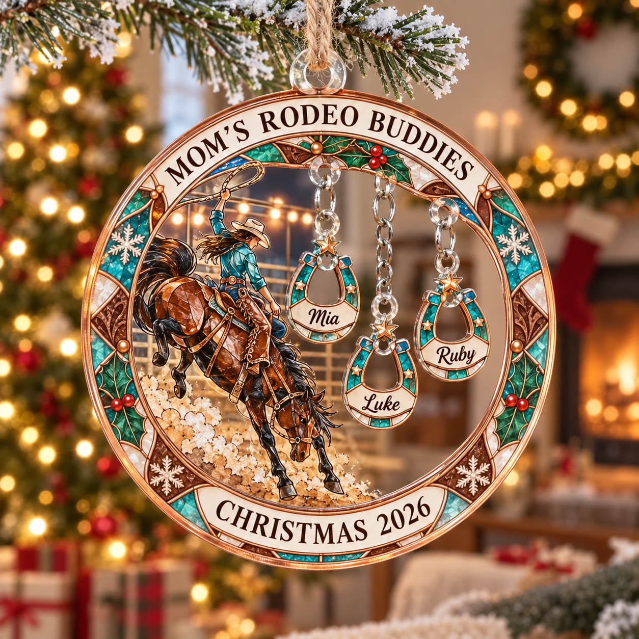 Stained-glass acrylic Christmas ornament with "MOM'S RODEO BUDDIES" and personalised name charms