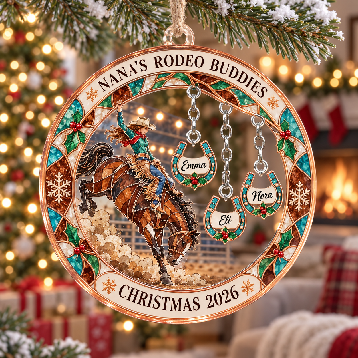 Stained-glass acrylic Christmas ornament with "NANA'S RODEO BUDDIES" and personalised name charms