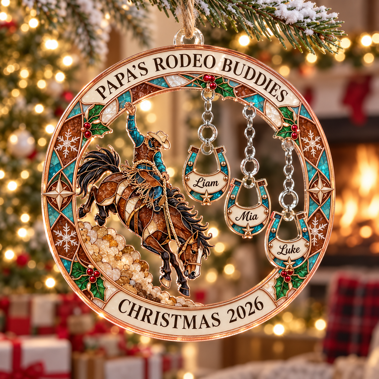 Stained-glass acrylic Christmas ornament with "PAPA'S RODEO BUDDIES" and personalised name charms