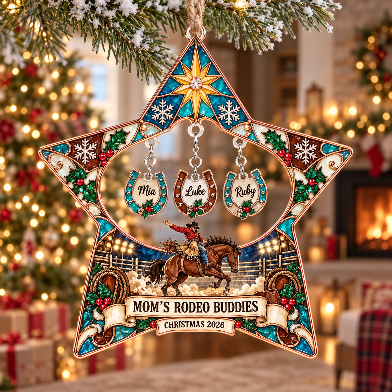Stained-glass acrylic Christmas ornament with "MOM'S RODEO BUDDIES" and personalised name charms