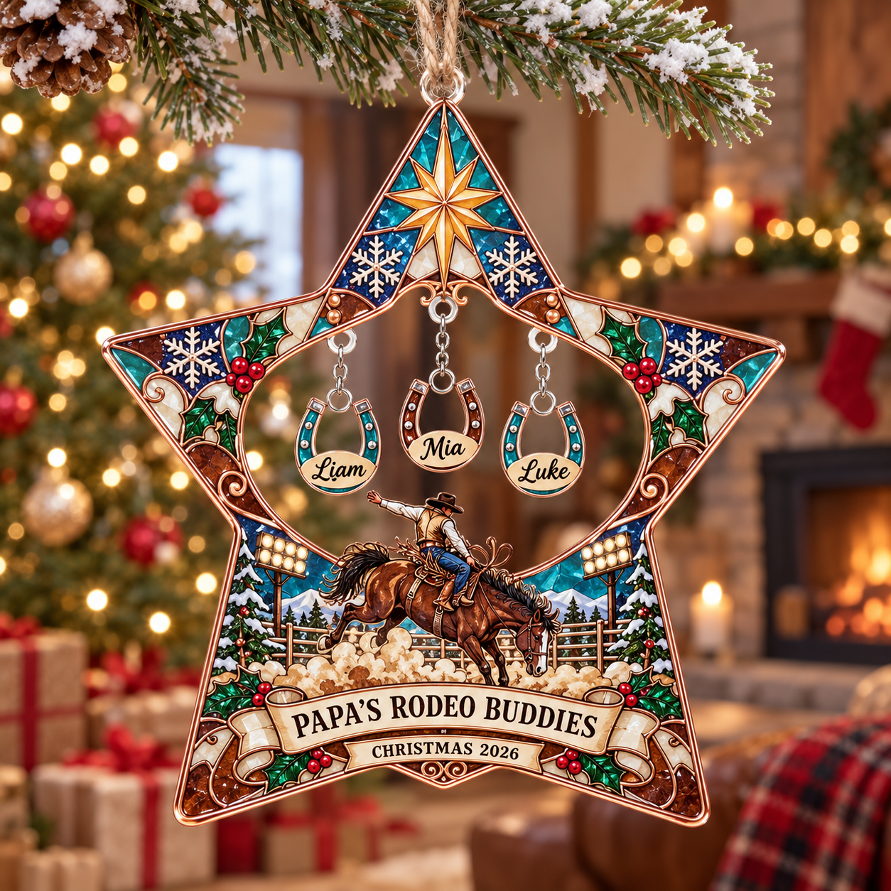Stained-glass acrylic Christmas ornament with "PAPA'S RODEO BUDDIES" and personalised name charms