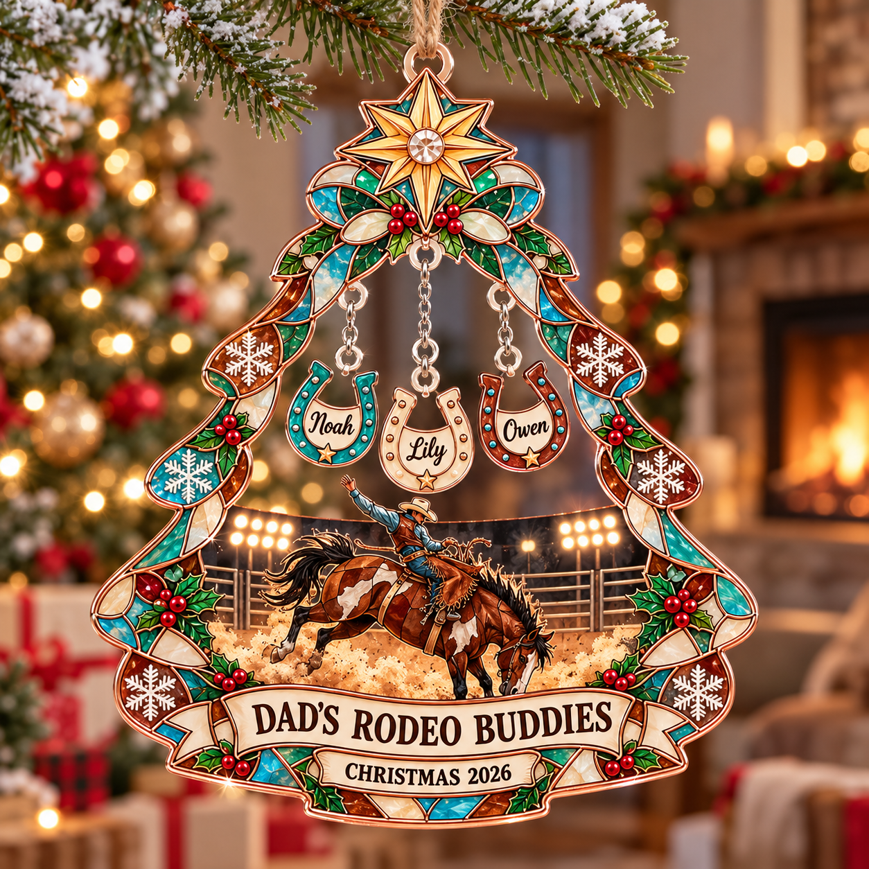 Stained-glass acrylic Christmas ornament with "DAD'S RODEO BUDDIES" and personalised name charms