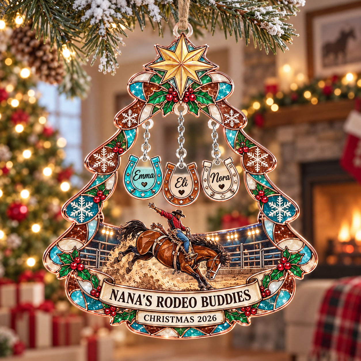Stained-glass acrylic Christmas ornament with "NANA'S RODEO BUDDIES" and personalised name charms