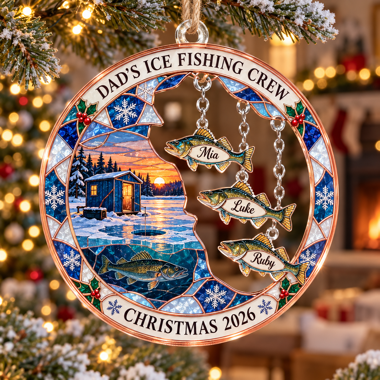 Stained-glass acrylic Christmas ornament with "DAD'S ICE FISHING CREW" and personalised name charms