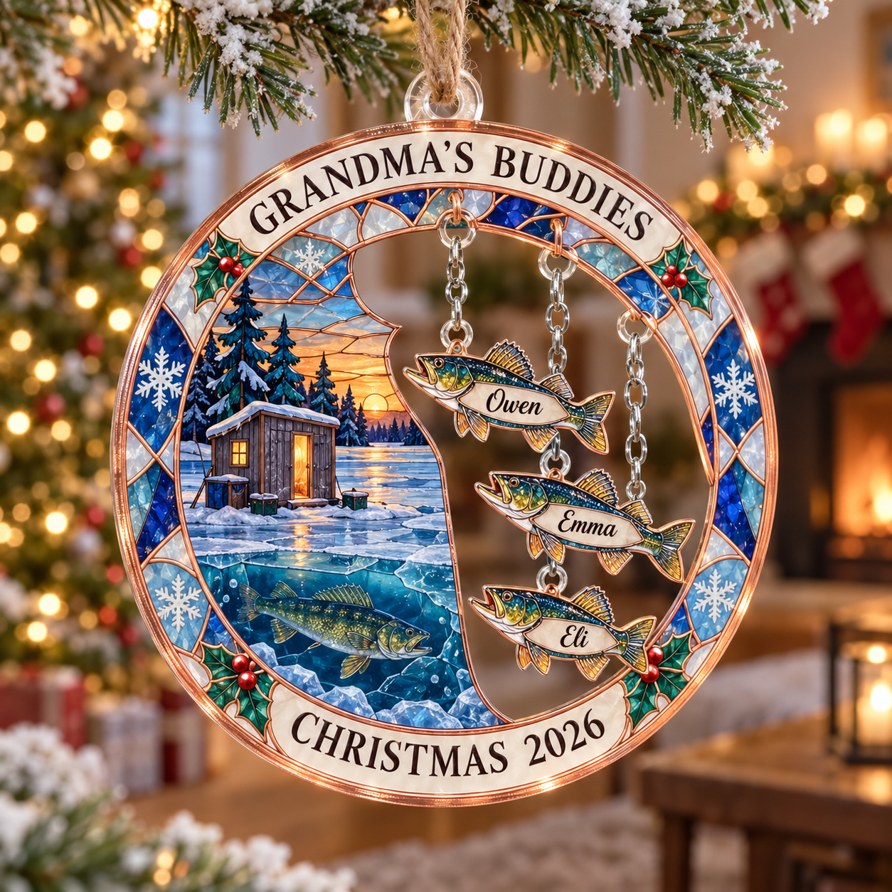 Stained-glass acrylic Christmas ornament with "GRANDMA'S BUDDIES" and personalised name charms