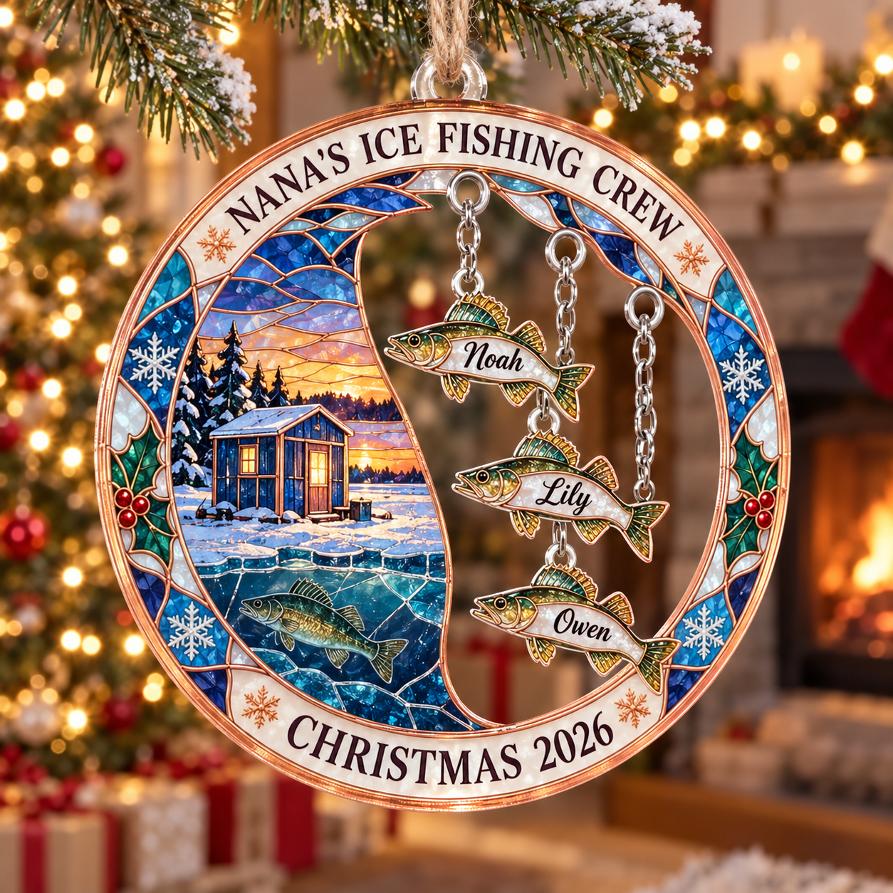 Stained-glass acrylic Christmas ornament with "NANA'S ICE FISHING CREW" and personalised name charms