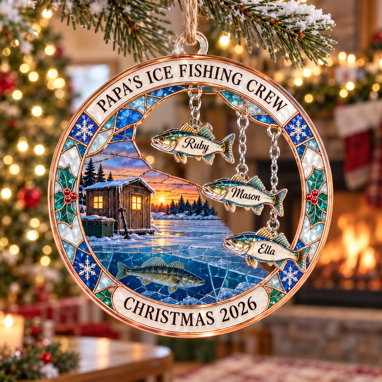 Stained-glass acrylic Christmas ornament with "PAPA'S ICE FISHING CREW" and personalised name charms
