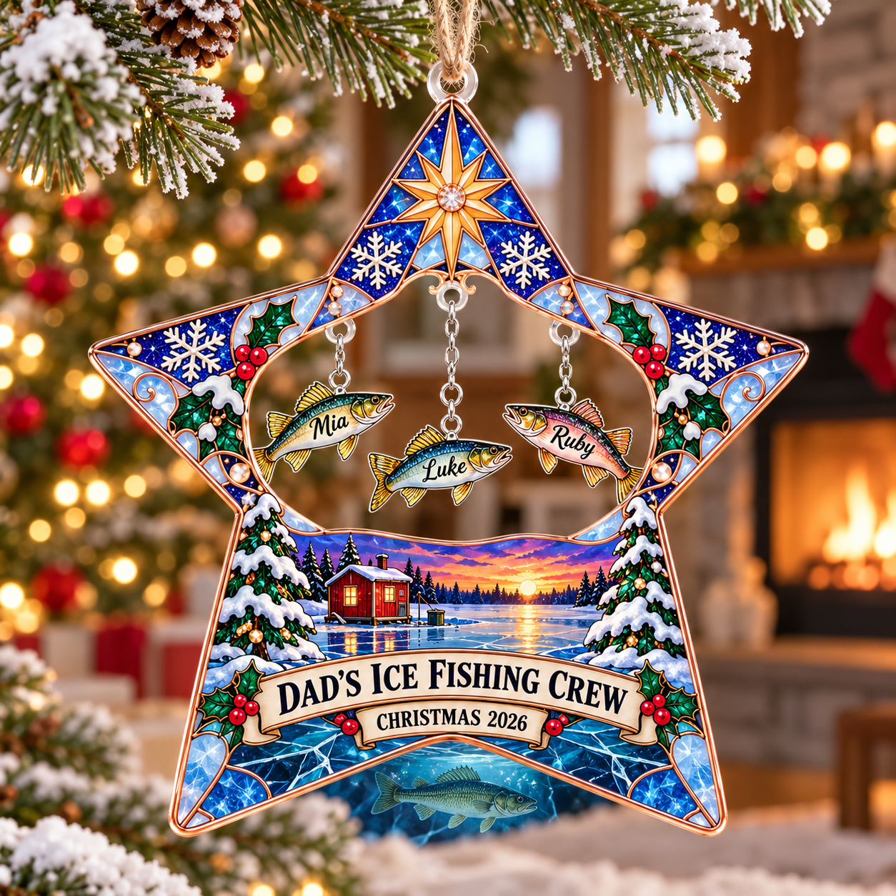 Stained-glass acrylic Christmas ornament with "DAD'S ICE FISHING CREW" and personalised name charms