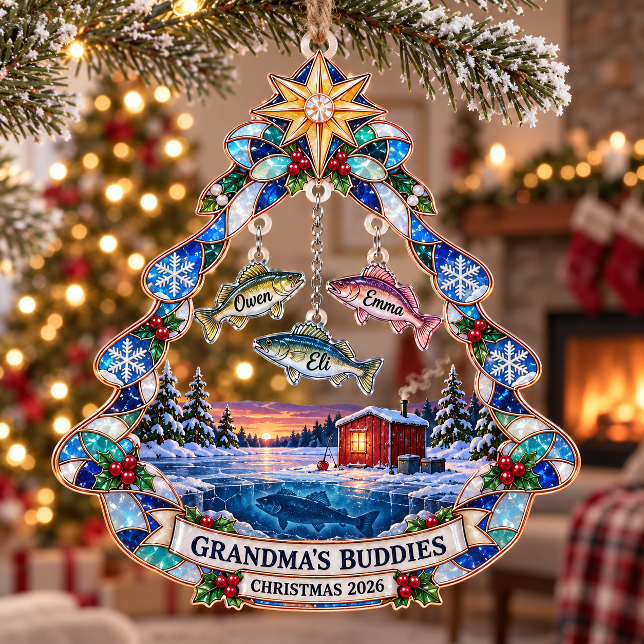 Stained-glass acrylic Christmas ornament with "GRANDMA'S BUDDIES" and personalised name charms