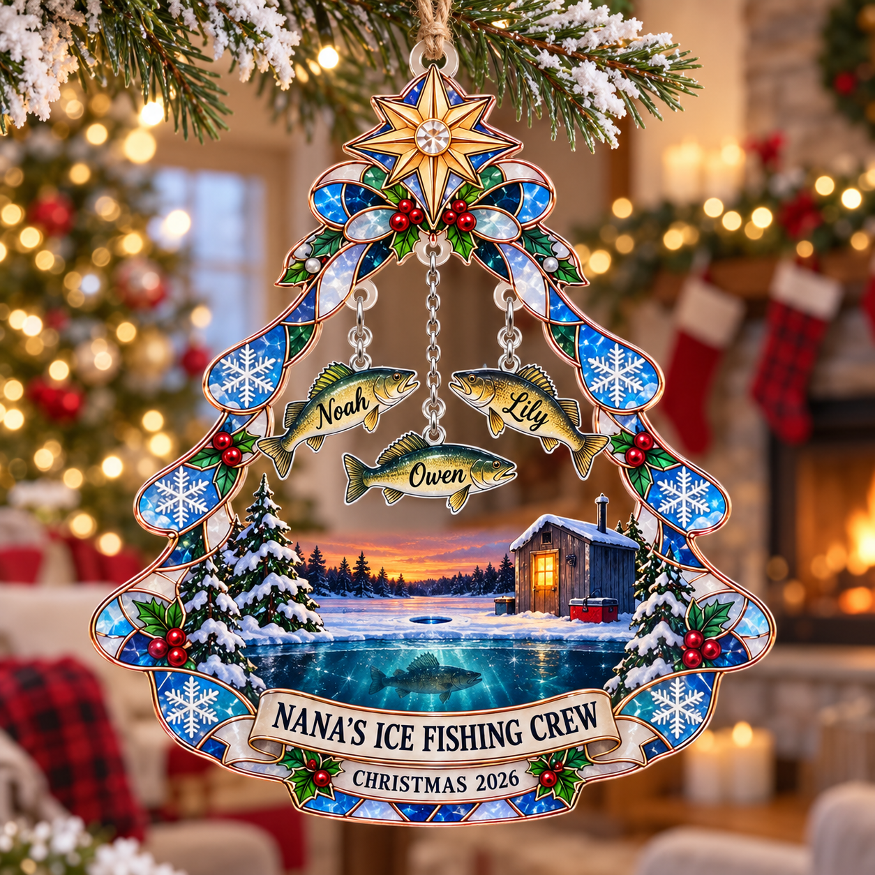 Stained-glass acrylic Christmas ornament with "NANA'S ICE FISHING CREW" and personalised name charms