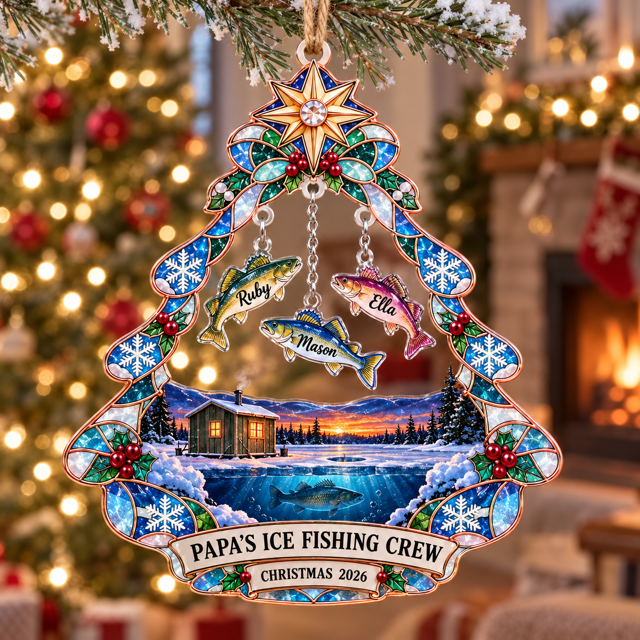 Stained-glass acrylic Christmas ornament with "PAPA'S ICE FISHING CREW" and personalised name charms