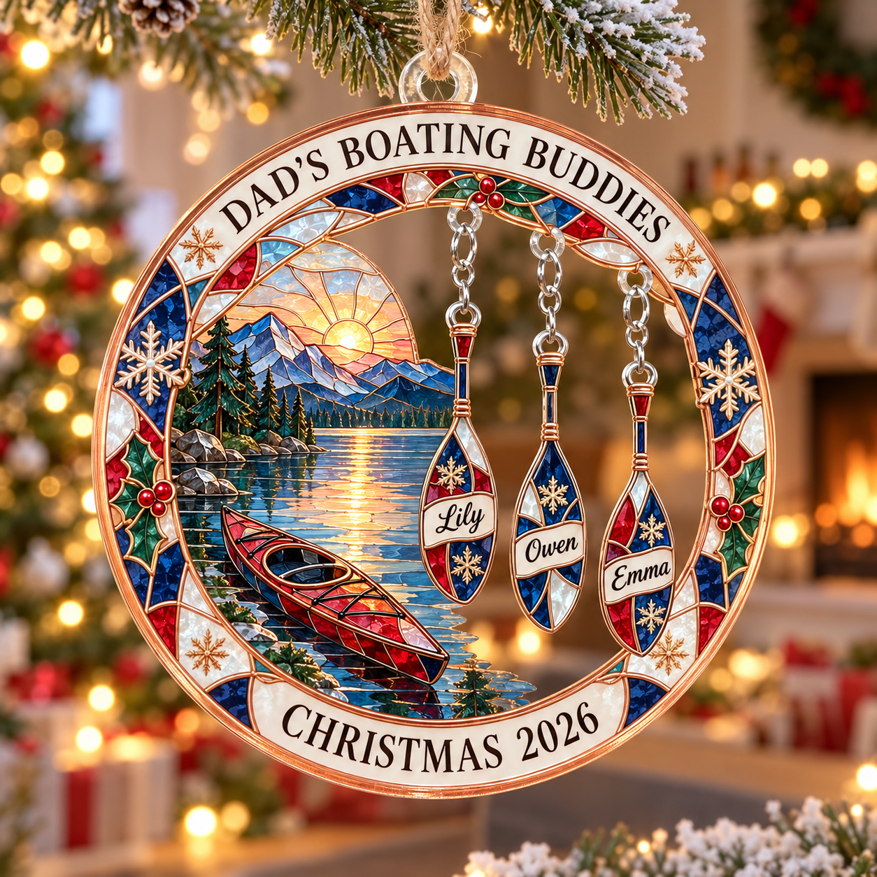Stained-glass acrylic Christmas ornament with "DAD'S BOATING BUDDIES" and personalised name charms