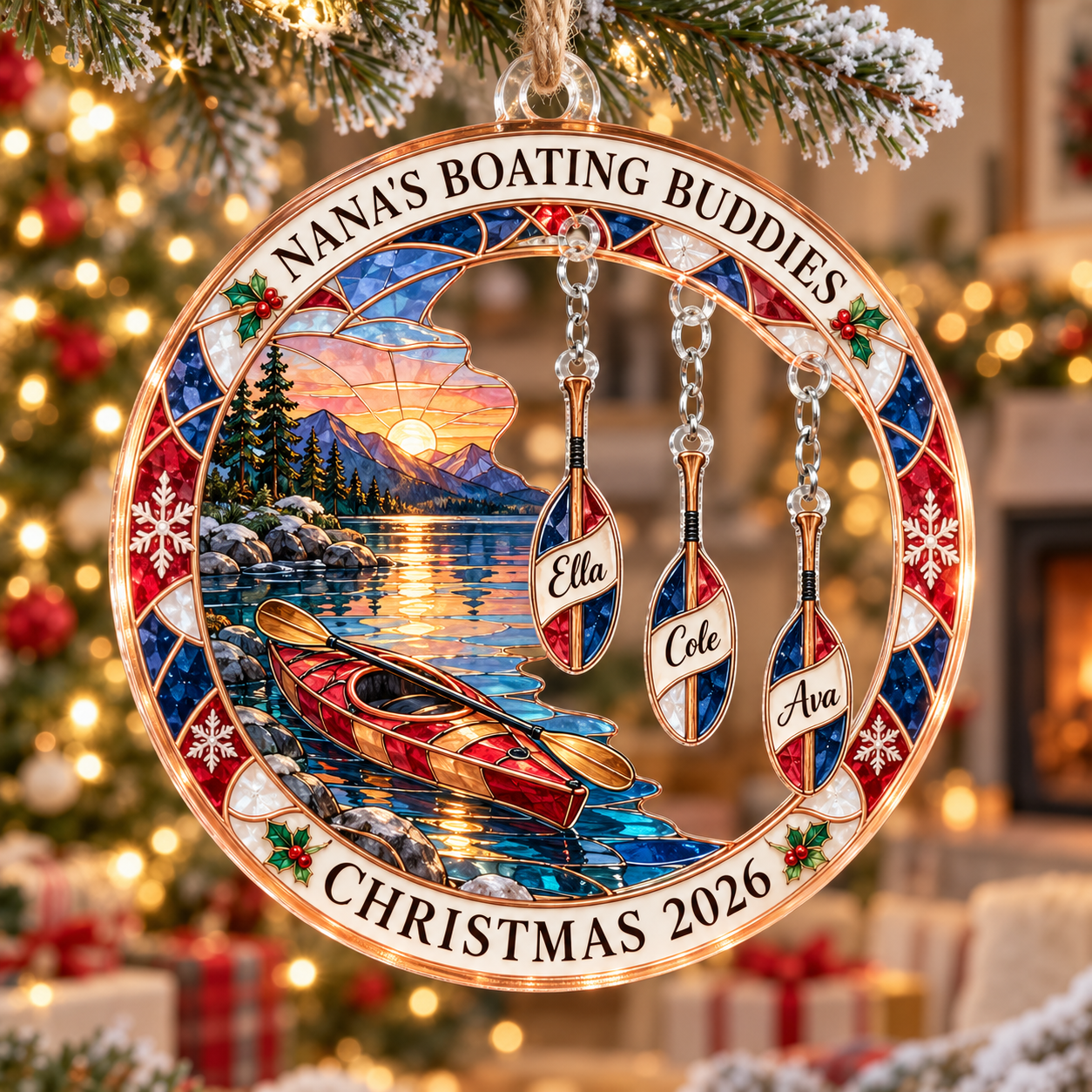Stained-glass acrylic Christmas ornament with "NANA'S BOATING BUDDIES" and personalised name charms