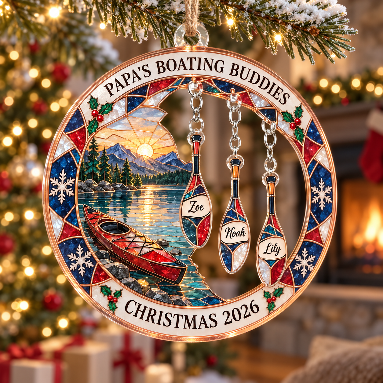 Stained-glass acrylic Christmas ornament with "PAPA'S BOATING BUDDIES" and personalised name charms