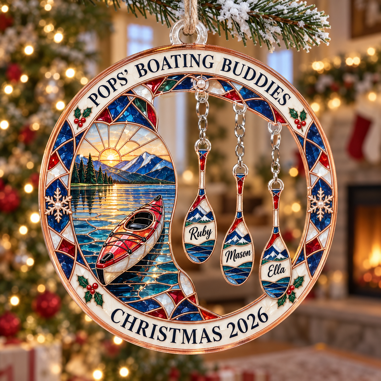 Stained-glass acrylic Christmas ornament with "POPS' BOATING BUDDIES" and personalised name charms