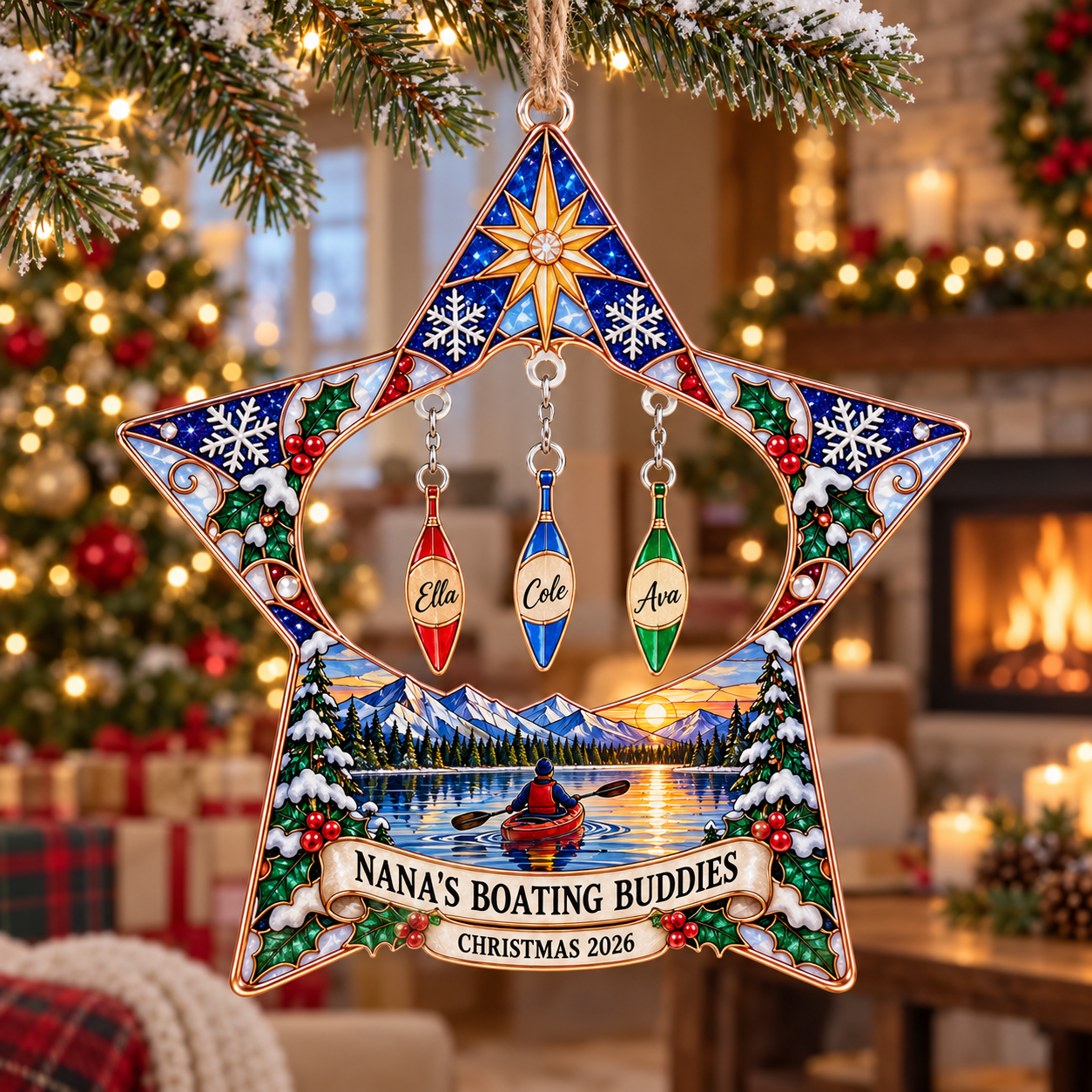 Stained-glass acrylic Christmas ornament with "NANA'S BOATING BUDDIES" and personalised name charms