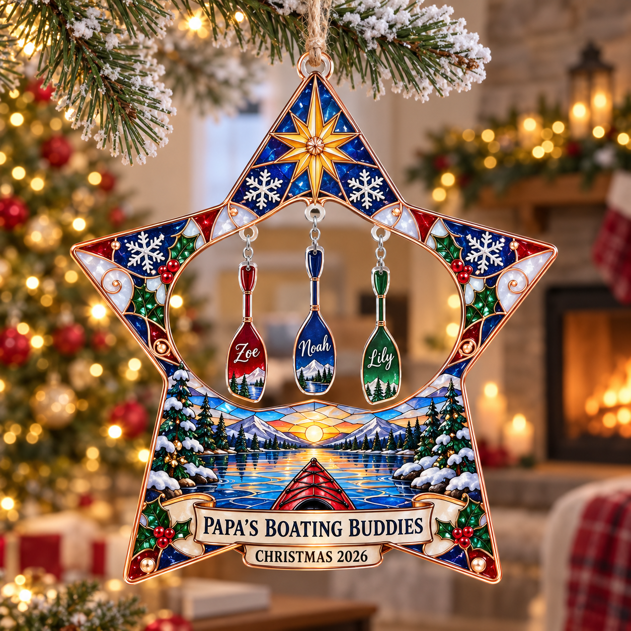 Stained-glass acrylic Christmas ornament with "PAPA'S BOATING BUDDIES" and personalised name charms