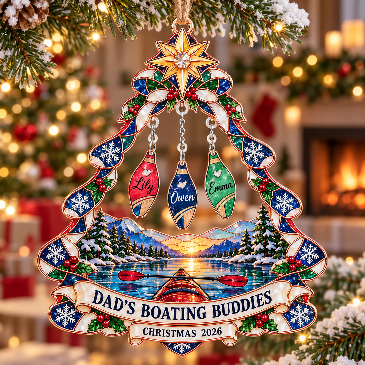 Stained-glass acrylic Christmas ornament with "DAD'S BOATING BUDDIES" and personalised name charms
