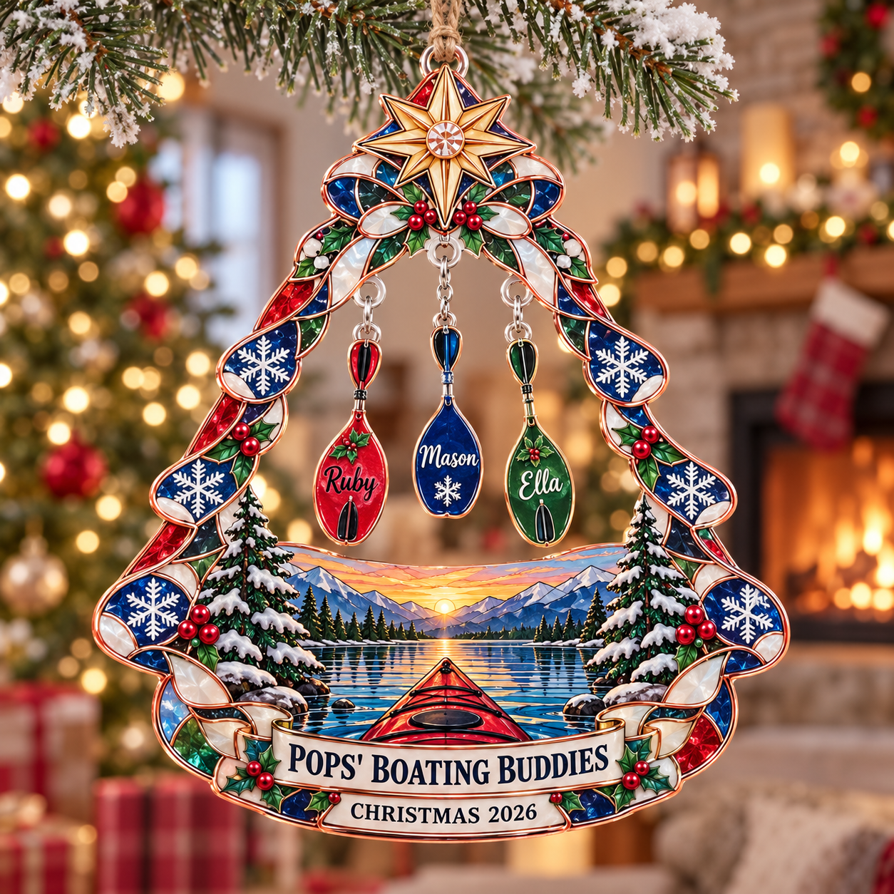 Stained-glass acrylic Christmas ornament with "POPS' BOATING BUDDIES" and personalised name charms