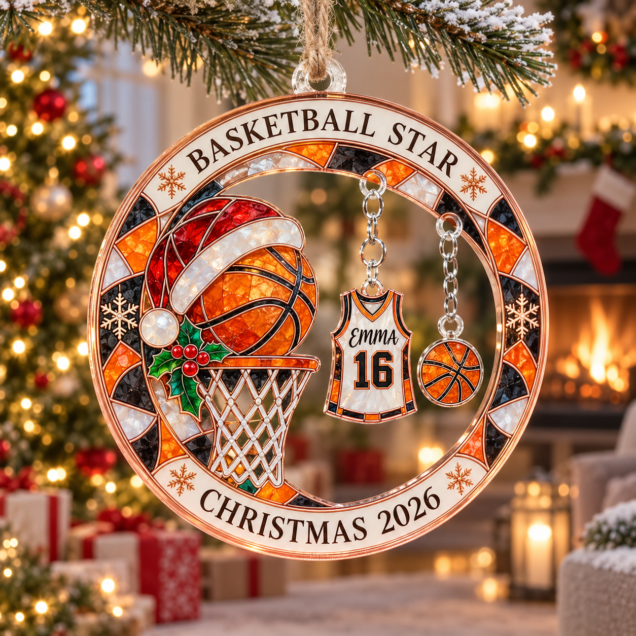 Stained-glass acrylic Christmas ornament with "BASKETBALL STAR" and personalised name charms