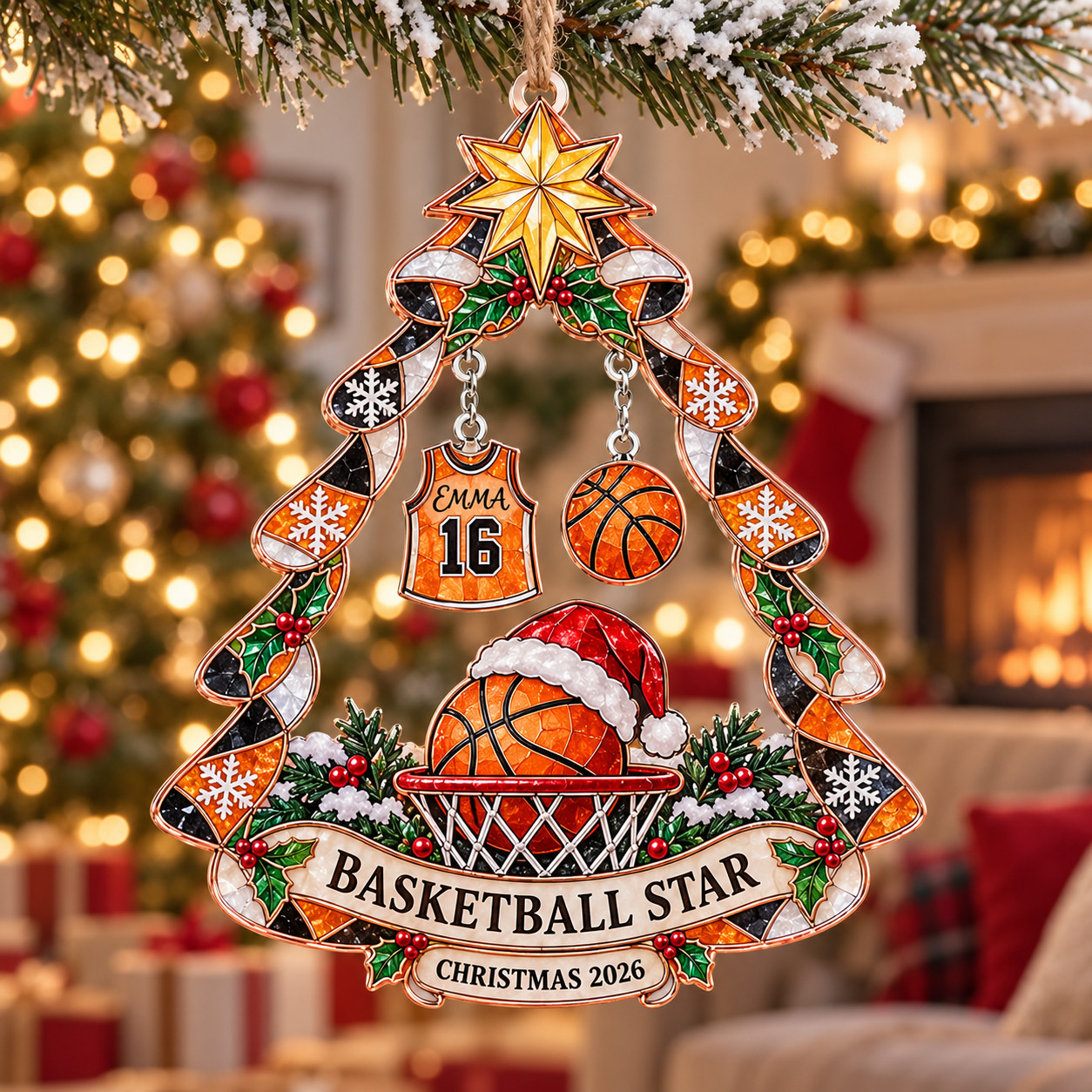 Stained-glass acrylic Christmas ornament with "BASKETBALL STAR" and personalised name charms
