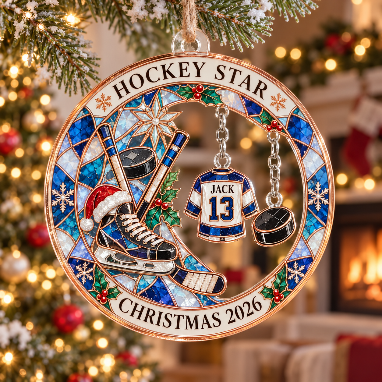 Stained-glass acrylic Christmas ornament with "HOCKEY STAR" and personalised name charms