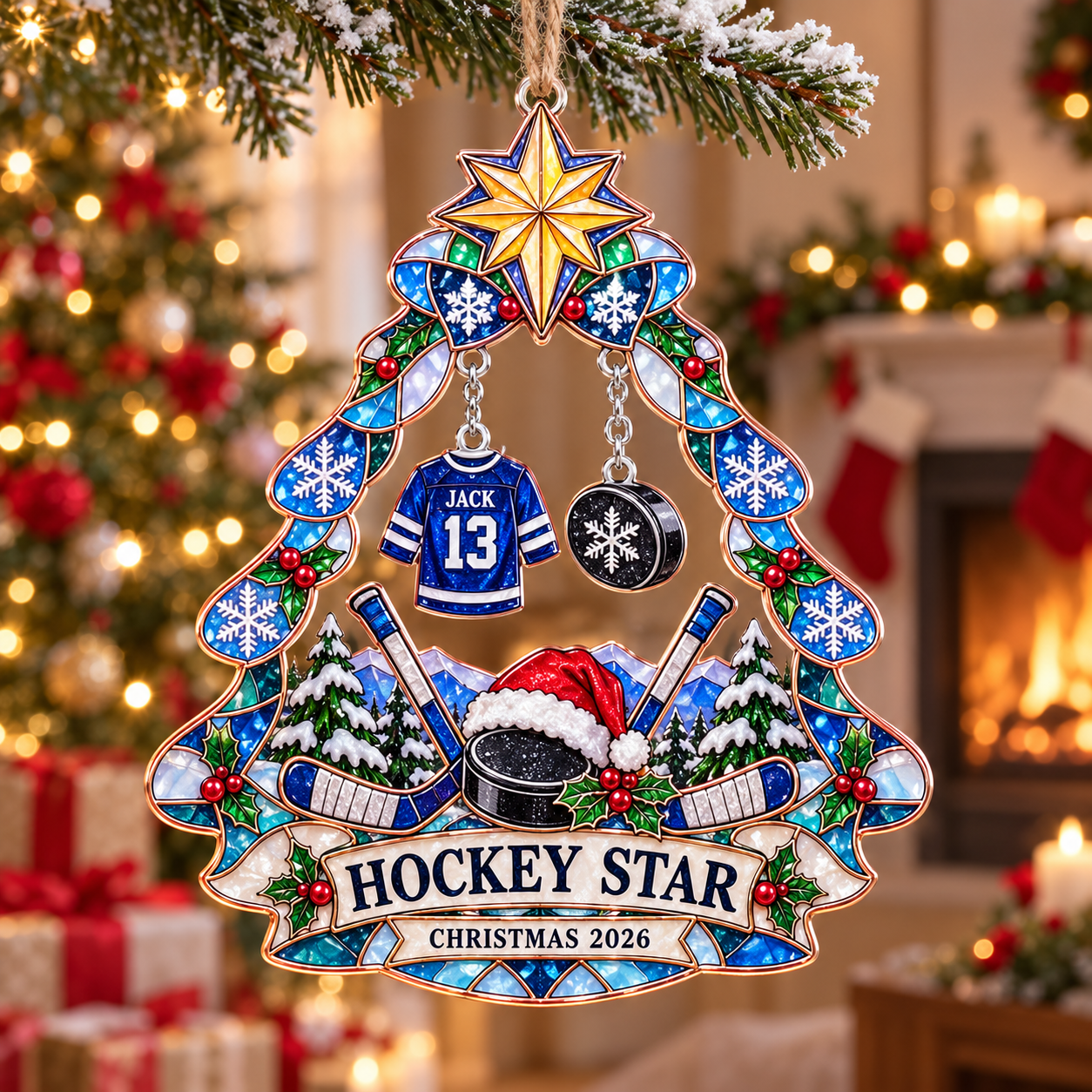 Stained-glass acrylic Christmas ornament with "HOCKEY STAR" and personalised name charms