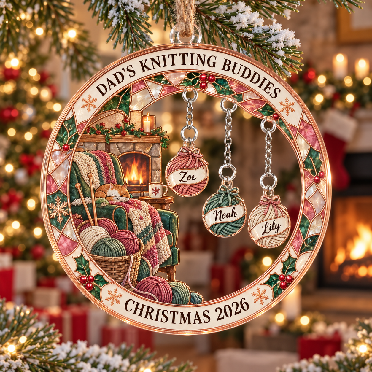 Stained-glass acrylic Christmas ornament with "DAD'S KNITTING BUDDIES" and personalised name charms