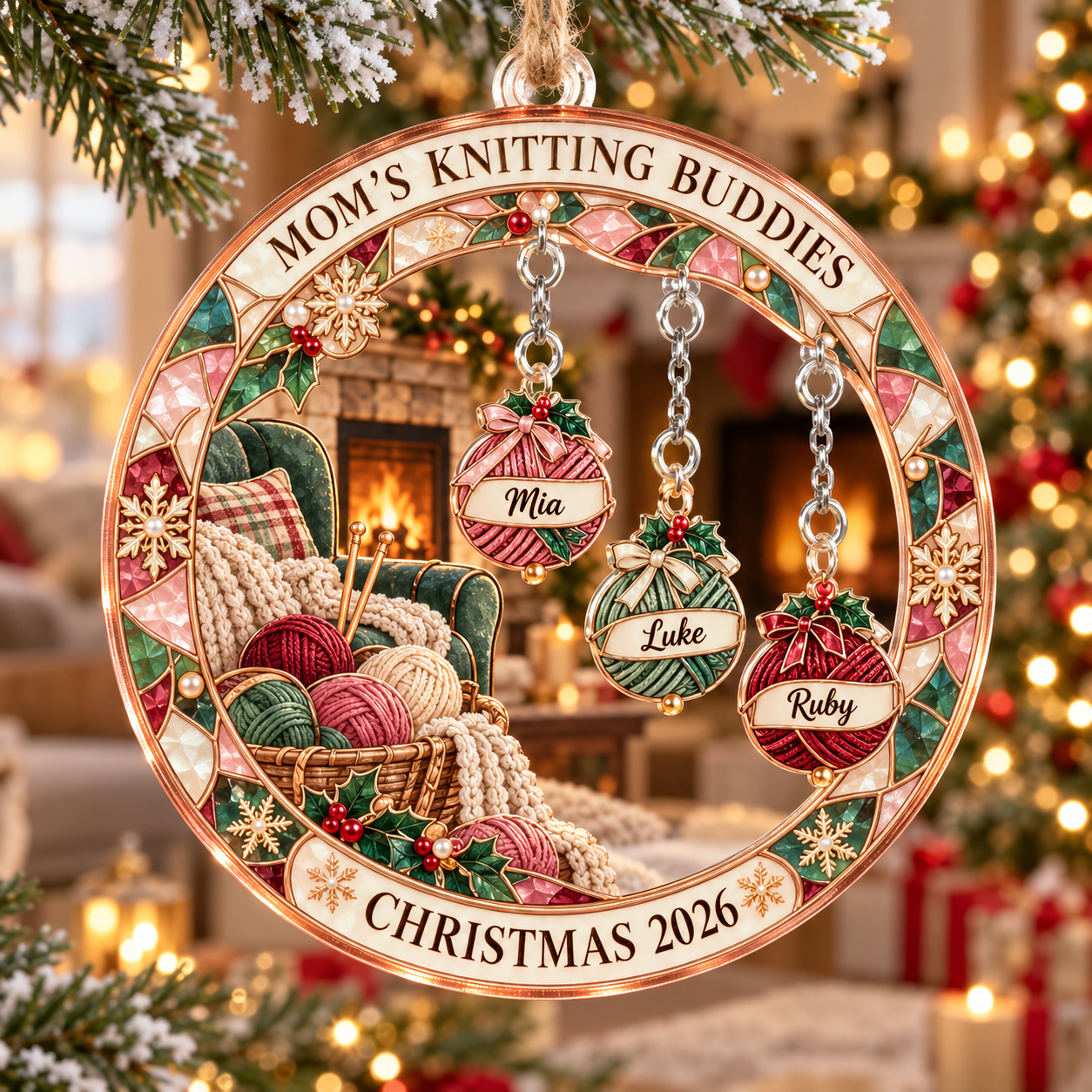 Stained-glass acrylic Christmas ornament with "MOM'S KNITTING BUDDIES" and personalised name charms