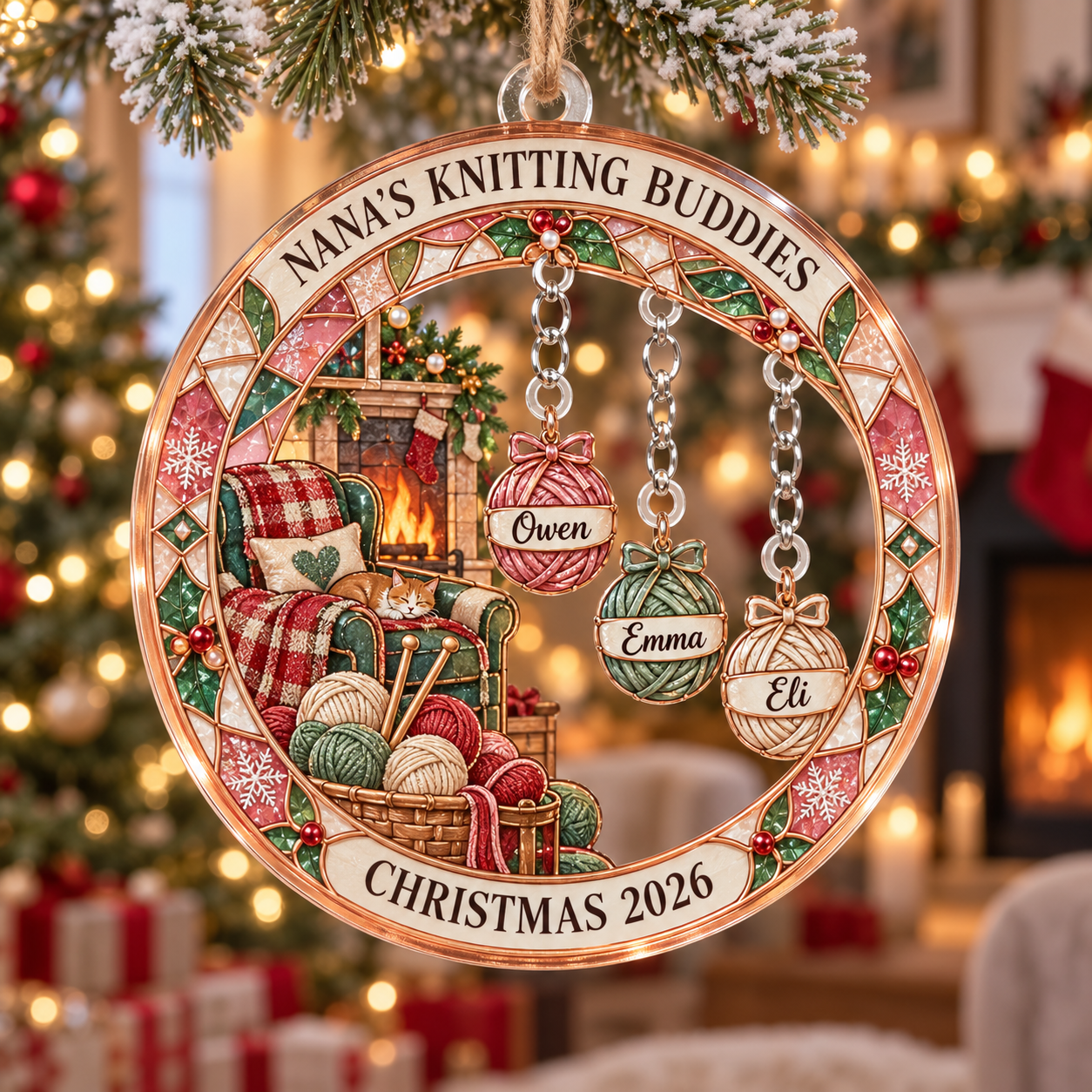 Stained-glass acrylic Christmas ornament with "NANA'S KNITTING BUDDIES" and personalised name charms