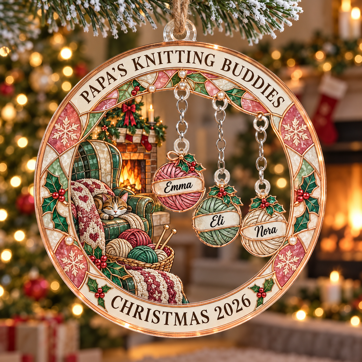 Stained-glass acrylic Christmas ornament with "PAPA'S KNITTING BUDDIES" and personalised name charms