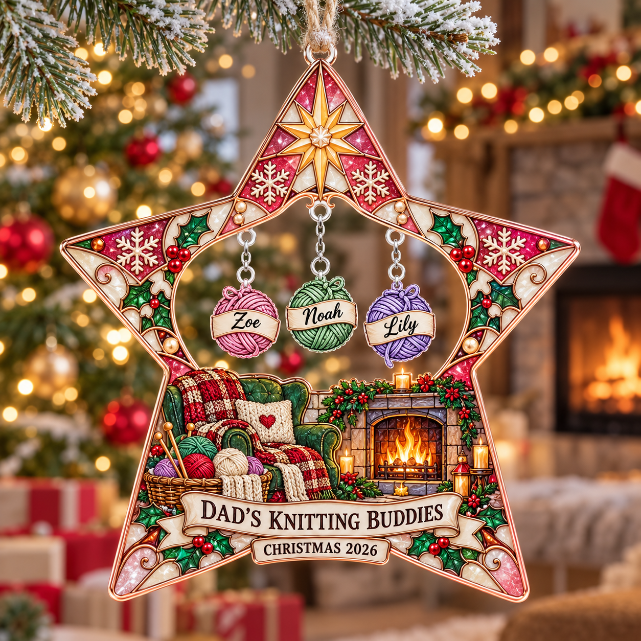 Stained-glass acrylic Christmas ornament with "DAD'S KNITTING BUDDIES" and personalised name charms