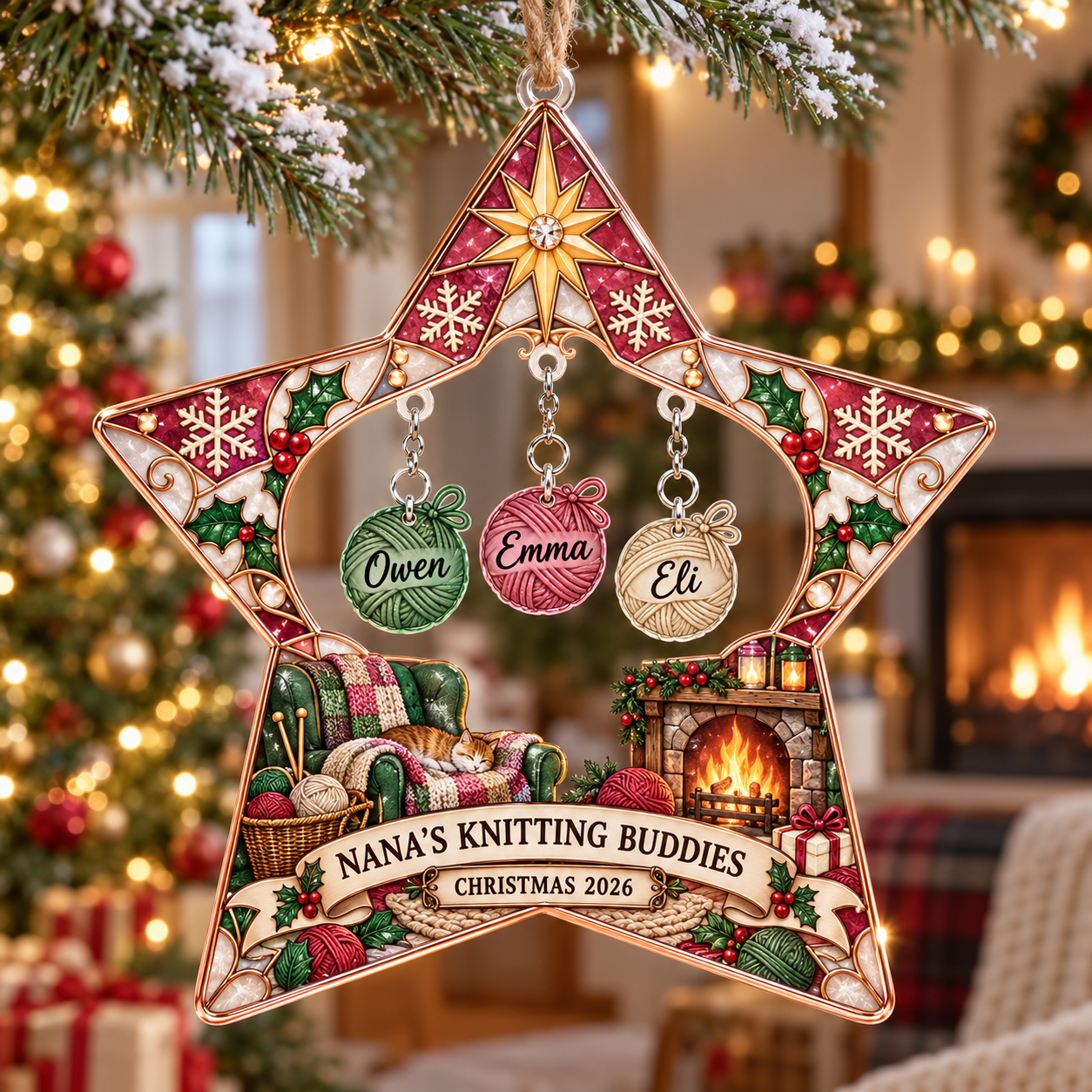 Stained-glass acrylic Christmas ornament with "NANA'S KNITTING BUDDIES" and personalised name charms