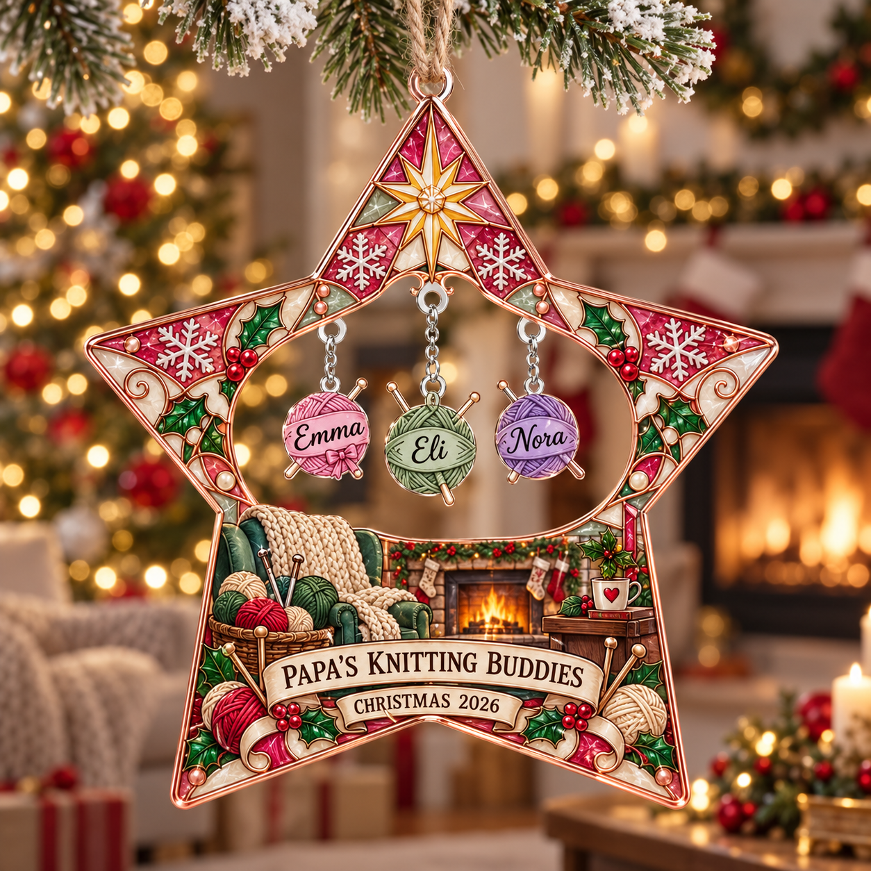 Stained-glass acrylic Christmas ornament with "PAPA'S KNITTING BUDDIES" and personalised name charms