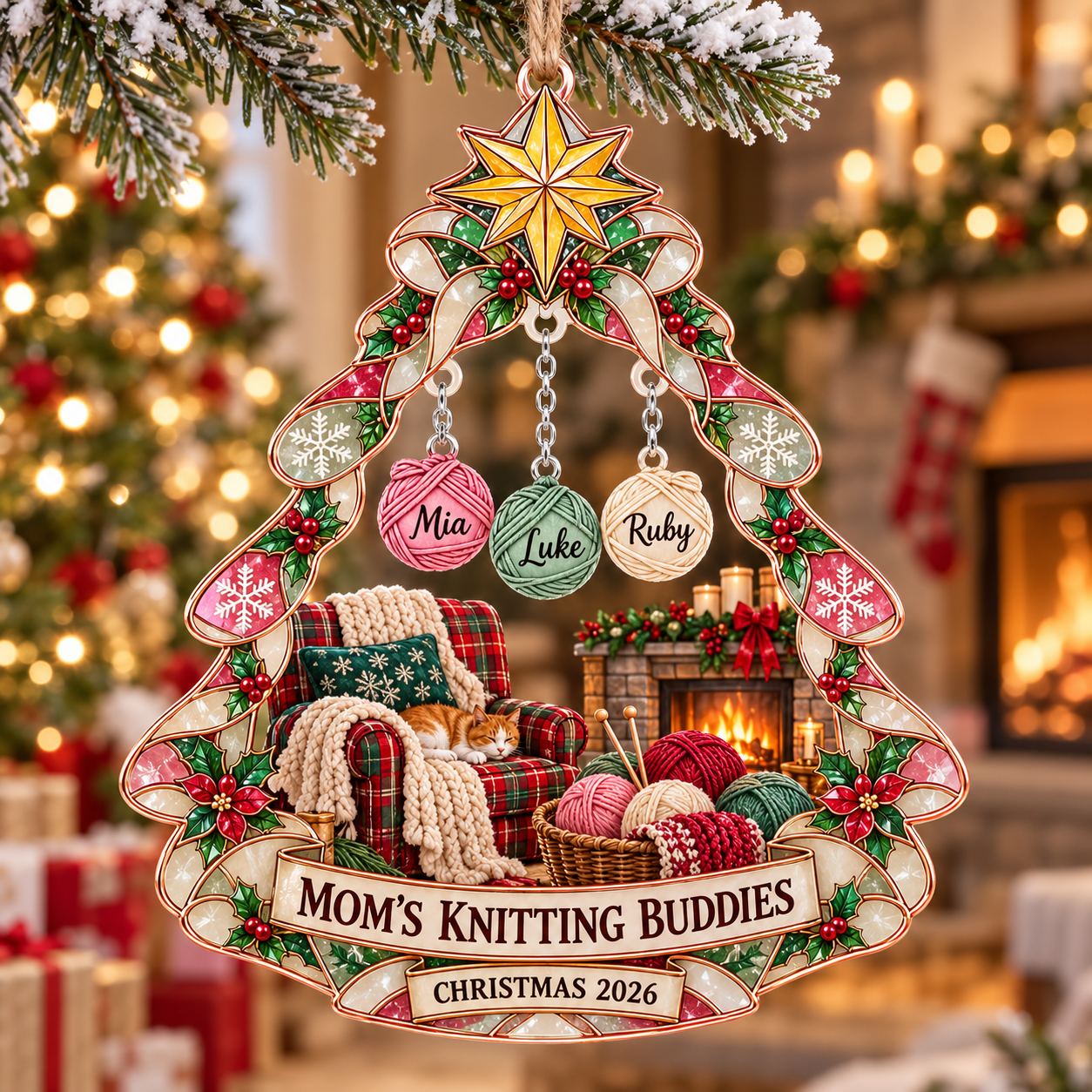 Stained-glass acrylic Christmas ornament with "MOM'S KNITTING BUDDIES" and personalised name charms