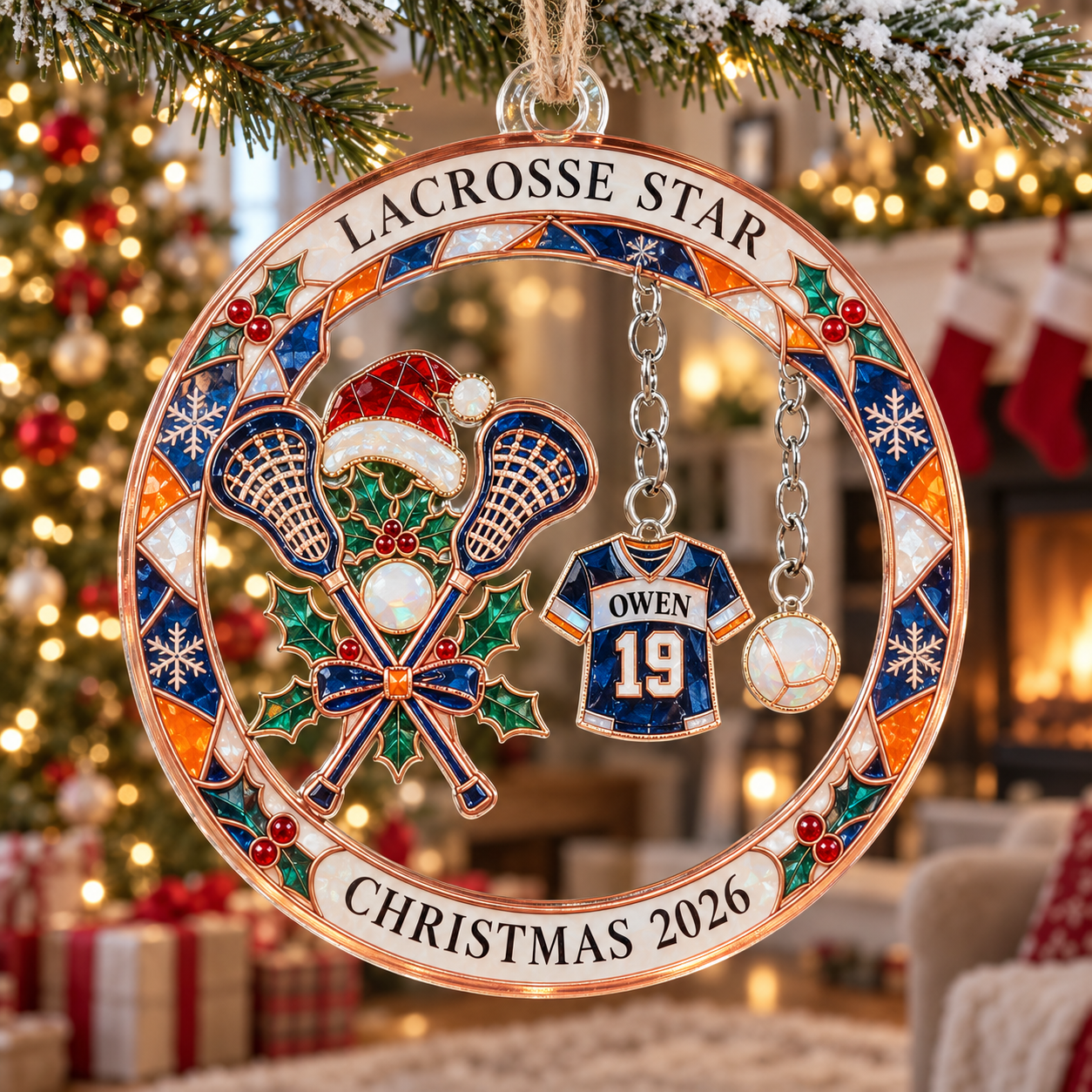 Stained-glass acrylic Christmas ornament with "LACROSSE STAR" and personalised name charms