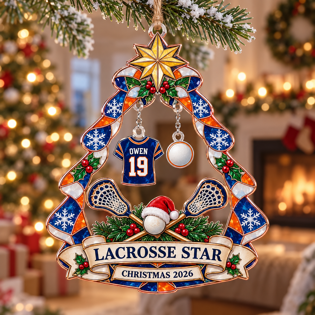 Stained-glass acrylic Christmas ornament with "LACROSSE STAR" and personalised name charms