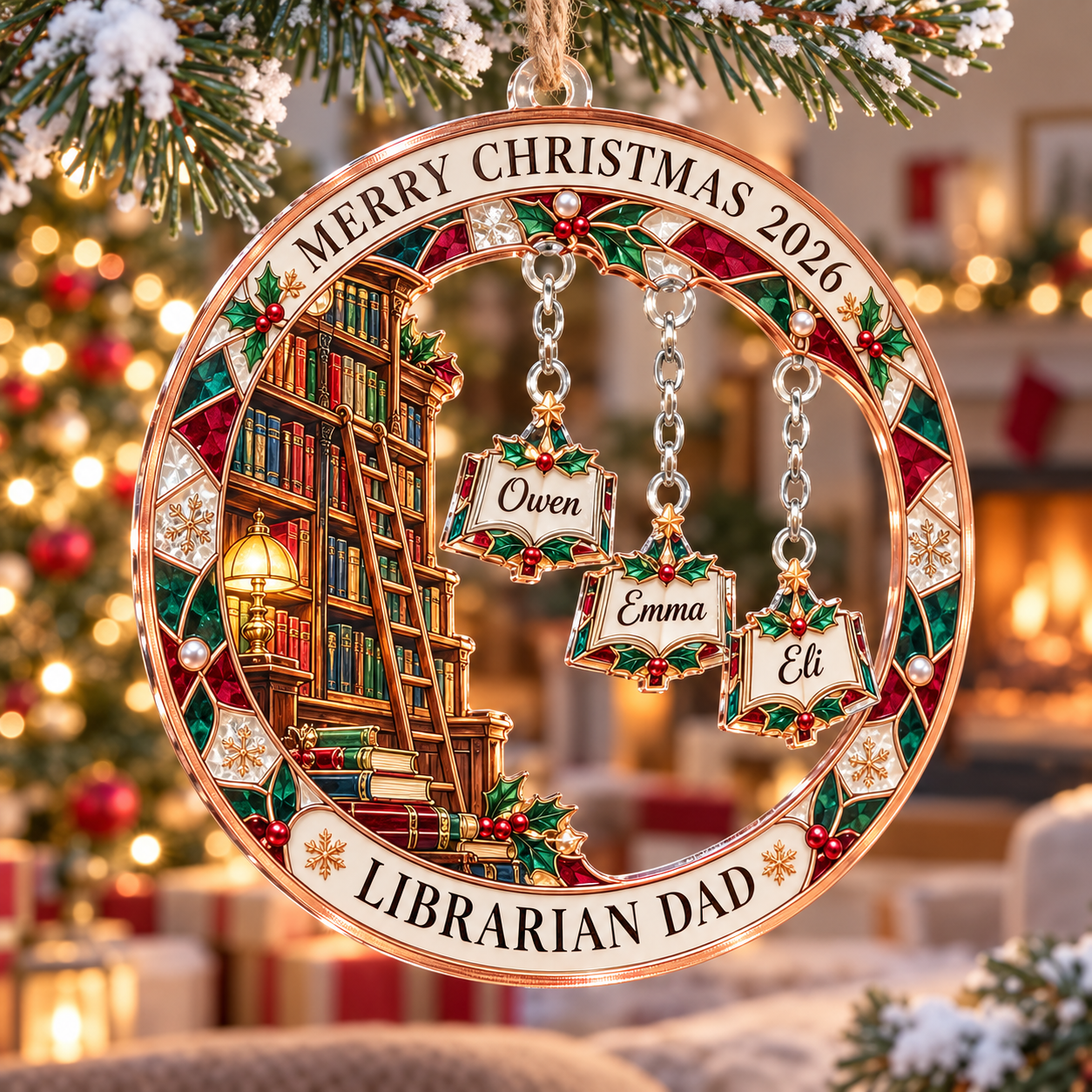 Stained-glass acrylic Christmas ornament with "LIBRARIAN DAD" and personalised name charms