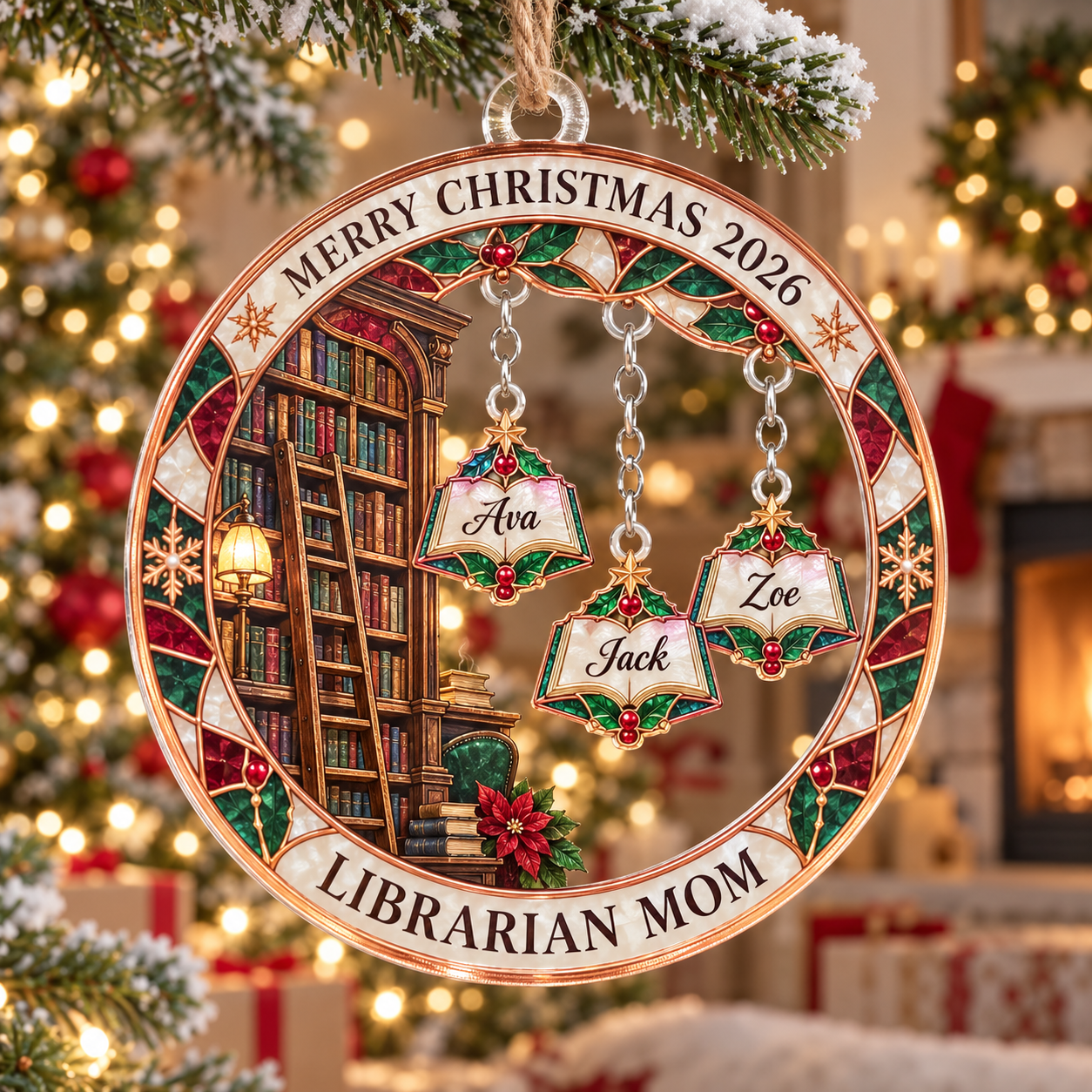 Stained-glass acrylic Christmas ornament with "LIBRARIAN MOM" and personalised name charms
