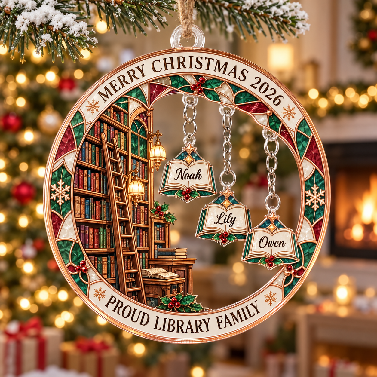Stained-glass acrylic Christmas ornament with "PROUD LIBRARY FAMILY" and personalised name charms