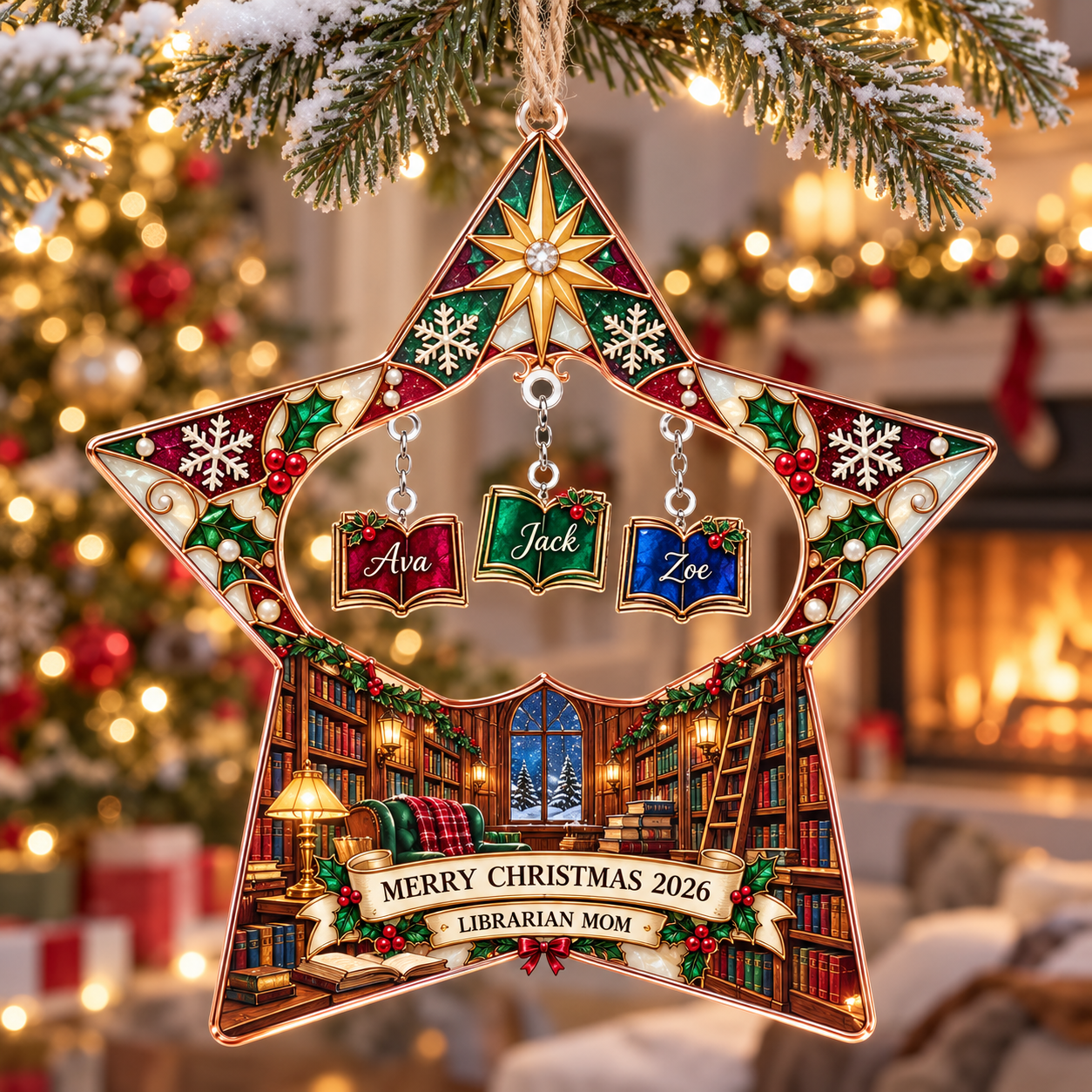 Stained-glass acrylic Christmas ornament with "LIBRARIAN MOM" and personalised name charms