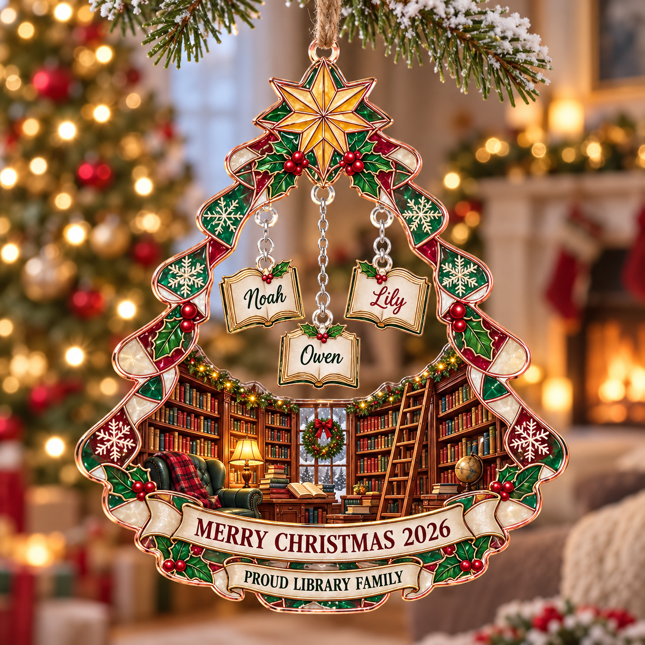 Stained-glass acrylic Christmas ornament with "PROUD LIBRARY FAMILY" and personalised name charms