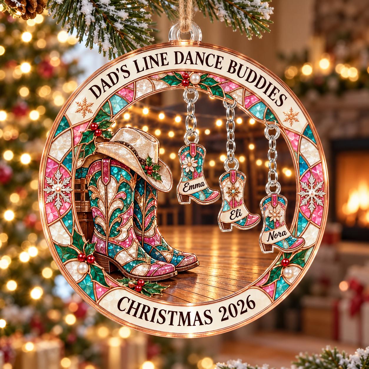 Stained-glass acrylic Christmas ornament with "DAD'S LINE DANCE BUDDIES" and personalised name charms