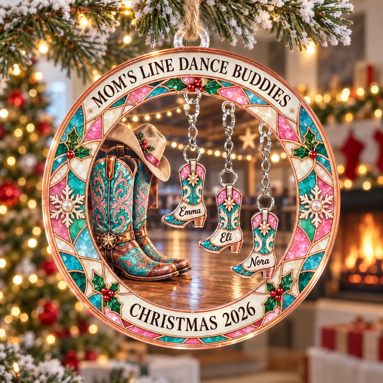 Stained-glass acrylic Christmas ornament with "MOM'S LINE DANCE BUDDIES" and personalised name charms
