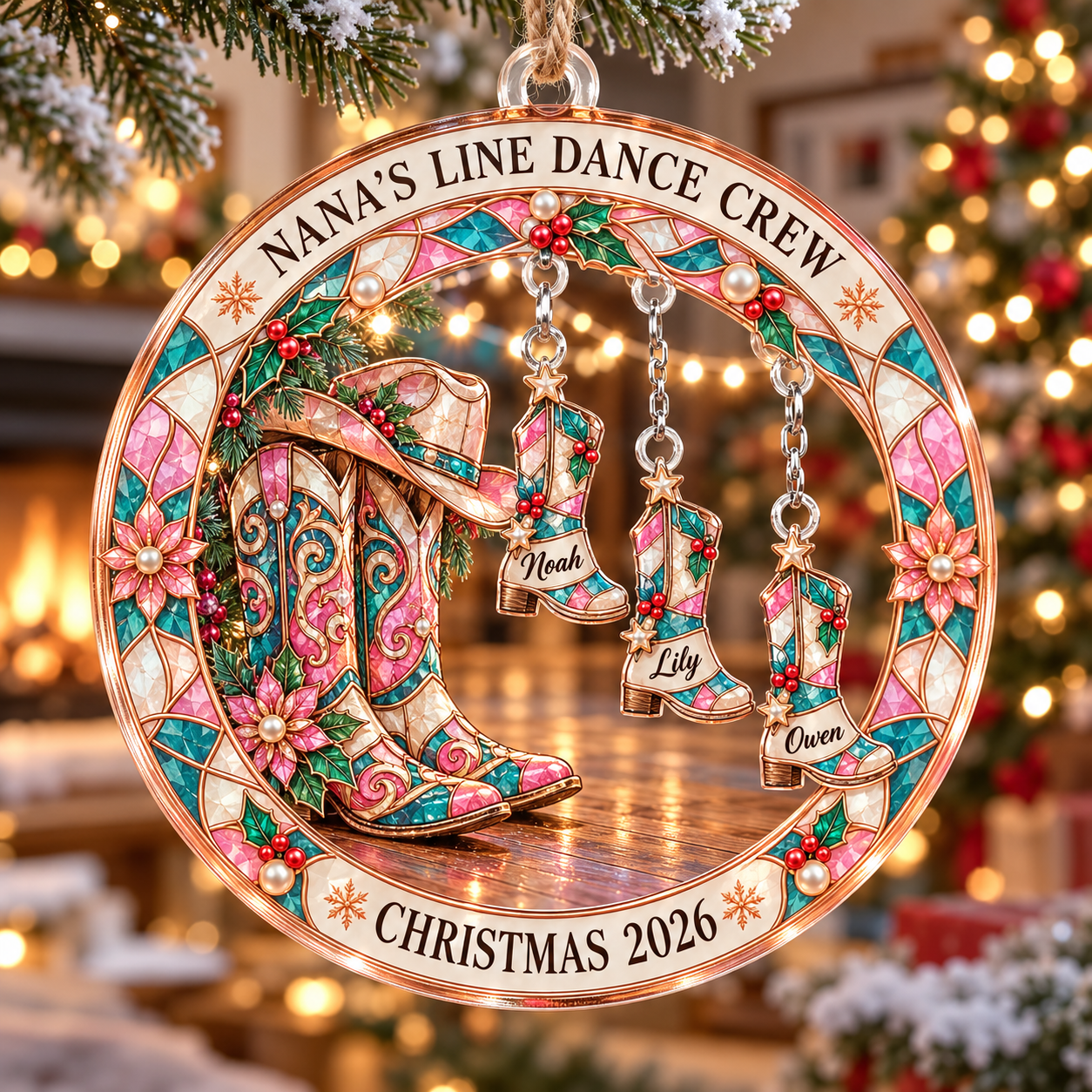 Stained-glass acrylic Christmas ornament with "NANA'S LINE DANCE CREW" and personalised name charms