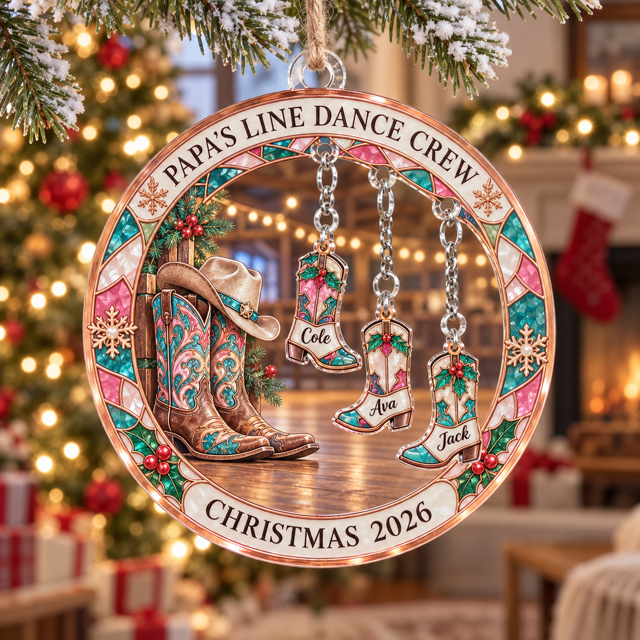 Stained-glass acrylic Christmas ornament with "PAPA'S LINE DANCE CREW" and personalised name charms